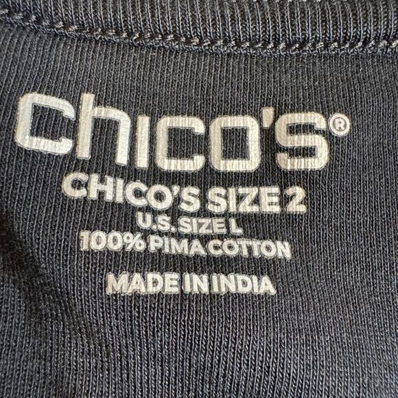 Chico's t-shirt top black pima knit v-neck with sleeve cuff stitching Sz 2 US L - Picture 6 of 7
